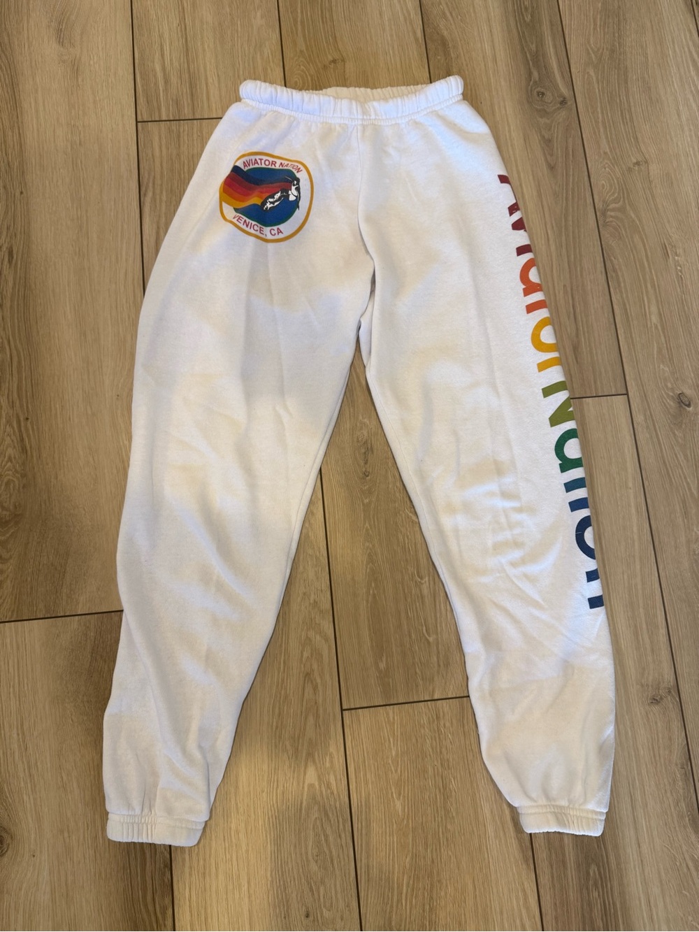 Aviator Nation White Sweatpants with Rainbow Logo
